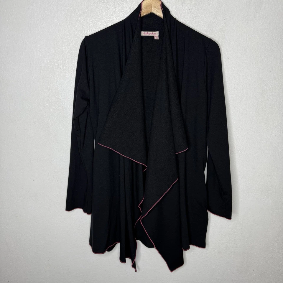 Fresh Produce Black Open Front Cardigan Pink Trim Pockets Women’s Medium/Large - Image 1 of 4