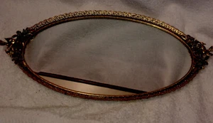Vassoio specchio comò vanità filigrana tono oro Matson vintage uccellino dogwood MCM - Foto 1 di 8