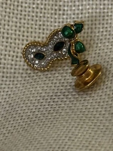 Swarovski Crystal Green Masquerade Mardi Gras Mask Gold-tone Lapel Pin Tie Tack - Picture 1 of 3