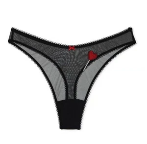 Victoria's Secret Tease schwarzer Netz-Tanga Höschen Größe S bestickt Herz Pop neu mit Etikett - Bild 1 von 15