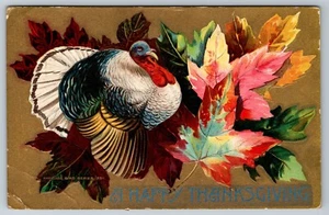 1910 Gold Happy Thanksgiving Turkey Fall Leaves Embossed Postcard - D17 - Picture 1 of 2