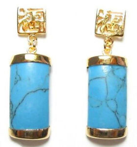 Natural Blue Turquoise Gemstone 18KGP Fortune Stud Dangle Women Girl Earrings