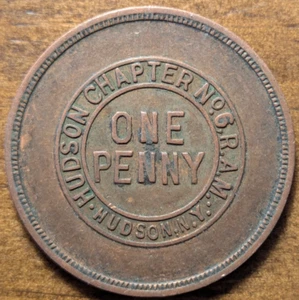 Hudson, New York NY Chapter No 6 Engraved April 23 1915 One Penny Masonic Token - Picture 1 of 4