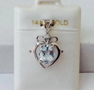 Solid 14K White Gold Sparkling Genuine Aquamarine Gemstone & Diamond Pendant NEW - Picture 1 of 6