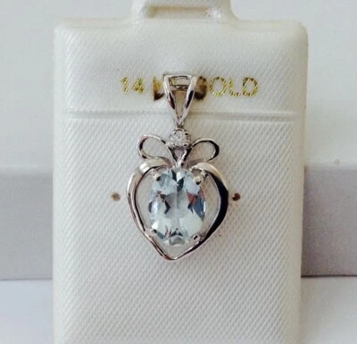 Solid 14K White Gold Sparkling Genuine Aquamarine Gemstone & Diamond Pendant NEW - Image 1 of 4