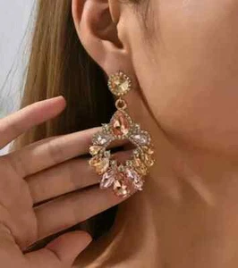 Gold Plated Champagne Gold Peach Pink Clear Crystal Formal Statement Earrings - Picture 1 of 3