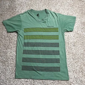 Volcom Shirt Mens Medium Green Black Striped Skateboarding Snowboard Casual Tee - Picture 1 of 13