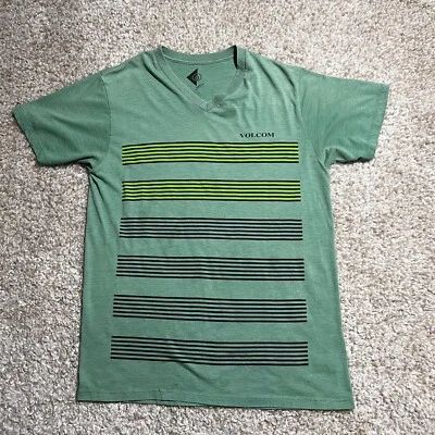 Volcom Shirt Mens Medium Green Black Striped Skateboarding Snowboard Casual Tee - Image 1 of 4