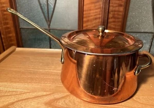 Vintage Daewoo Copper Sauce Pan Pot Lined Brass Double Handles 6-7 1/2" w/Lid - Picture 1 of 12