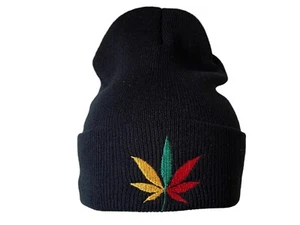 Rastafari Weeds Leaf Beanie Skully Cap Ski Hat Rasta Pot Black Green Winter - Picture 1 of 4