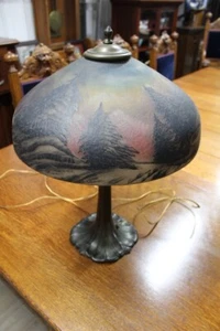 Antique Scenic Reverse Painted Table Lamp Pittsburgh Art Nouveau Winter Scene - Picture 1 of 14