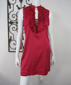 ESLEY SLEEVELESS SILK SATIN RUFFLED NECK DRESS SIZE S SMALL HOT PINK - Picture 1 of 7