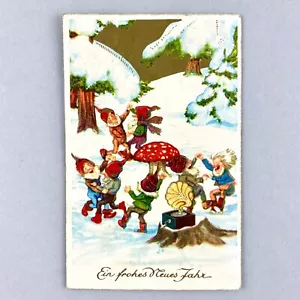 Antike Postkarte 1934 Zwergen Party Neujahr Fliegenpilz Deko AK Alt Deutsch RAR - Bild 1 von 4