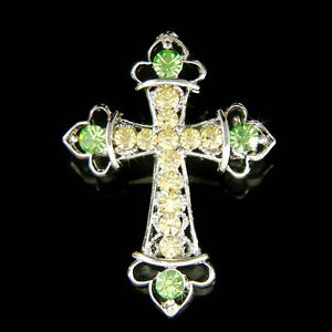 Green Cross made with Swarovski Crystal God Baptism Pin Brooch Religious Jewelry