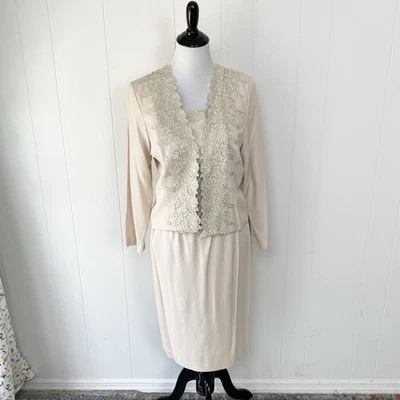 Conjunto de Traje Falda Midi Vintage Años 90 R&M Richards Crema Floral Encaje Apliques Talla 8P Foto 1 de 4