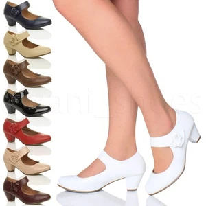 Damen Mitte Blockabsatz Lederfutter Komfort Blume Mary Jane Schuhe Pumps Größe - Bild 1 von 64