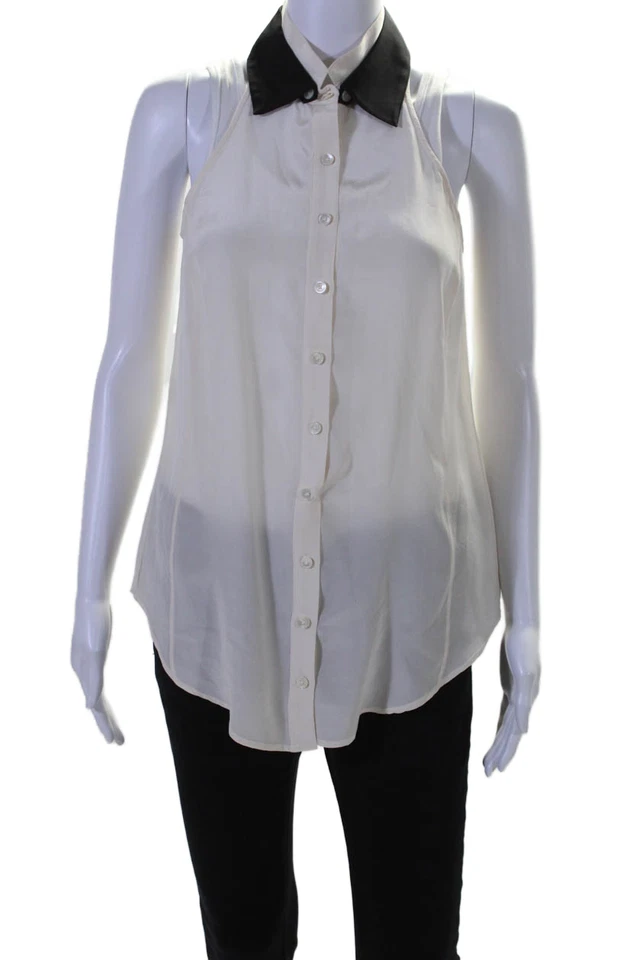 10 Crosby Derek Lam 女式丝绸无袖纽扣衬衫米色 4 码 — 第 1/4 张图片