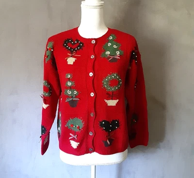 Talbots Christmas Knit Sweater Size PP Petite Petite Red Cardigan Long Sleeve - Image 1 of 4