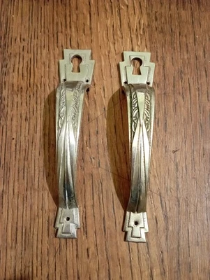 PAIRE  DE POIGNEES AVEC ENTREES DE SERRURE ART DECO LAITON NICKELE DN5128 - Photo 1/4