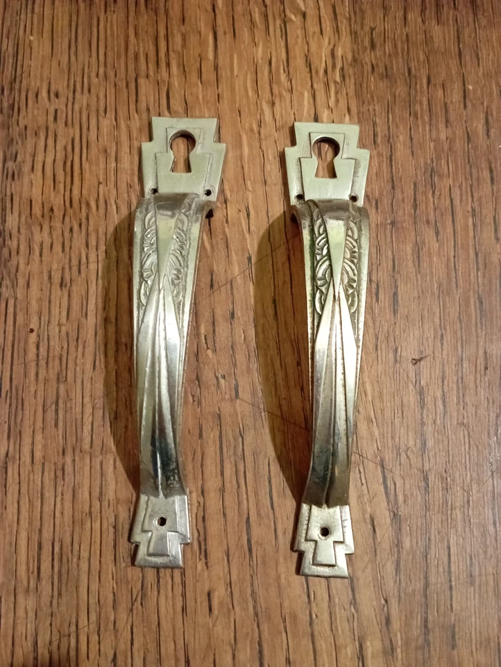 PAIRE  DE POIGNEES AVEC ENTREES DE SERRURE ART DECO LAITON NICKELE DN5128 - Photo 1/4