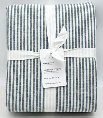 Funda nórdica Pottery Barn Wheaton a rayas lino algodón completa Queen ~ Chambray ~ NUEVA Foto 1 de 2