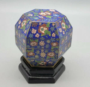 Attractive Japanese Cloisonne Enamel Hexagon Shaped Box with stand - Picture 1 of 8
