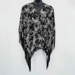 Cárdigan Free Press Kimono Top L Negro Marfil Floral Flecos Boho Corbata Talla Grande - Imagen 1 de 12