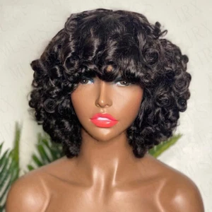 Bouncy Curly Human Hair Wigs with Bangs Malaysian Remy Short Bob Full Made Wigs - Picture 1 of 12