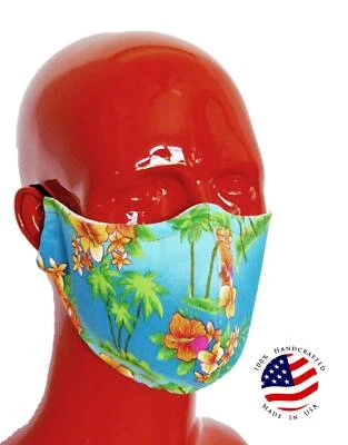 Hawaiian Print Fabric Face Mask Tropical Blue Makena - Image 1 of 4