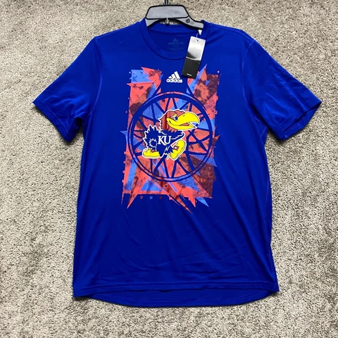 Kansas Jayhawks Shirt Mens Medium Blue Short Sleeve Adidas Climalite Breathable Cover