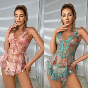Sexy Lingerie Floreale per Donna Babydoll Pizzo Trasparente Camicia da Notte Pigiama Regalo US - Foto 1 di 11