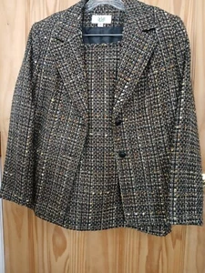Women's Le Suit Petite Size 14P Tweed Boucle Lined Skirt Suit Black Brown - Picture 1 of 12