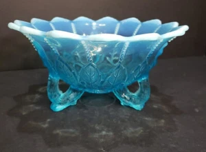 Antique Northwood Bowl Blue Opalescent Glass Leaf & Beads decorative candy dish - Picture 1 of 6