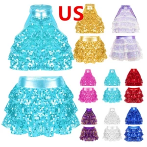 Girls Latin Salsa Samba Rumba Dancewear Sequins Tiered Crop Top with Skirts - Picture 1 of 71
