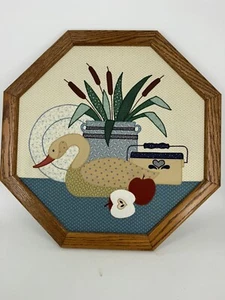 Folk Art Applique Quilted Duck Apple Plant on Wooden Frame Cottage Core Boho - Picture 1 of 13