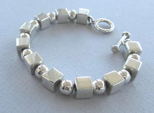 Brazalete de plata esterlina 0,925 8 mm bloques y esferas 7,9" (20 cm) L. 1,69 oz  - Imagen 1 de 7