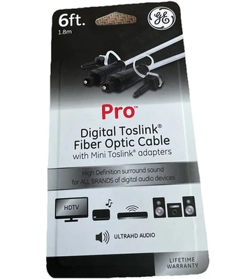 GE Pro Digital TOSLINK Fiber Optic Cable with Mini TOSLINK Adapters 6FT 1.8m NEW - Image 1 of 3