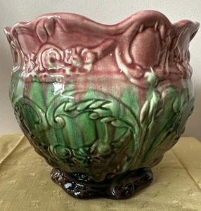 Weller Art Pottery Jardiniere Planter Pot Majolica Drip Pink/Green Glaze 8“h 9”w - Picture 1 of 5