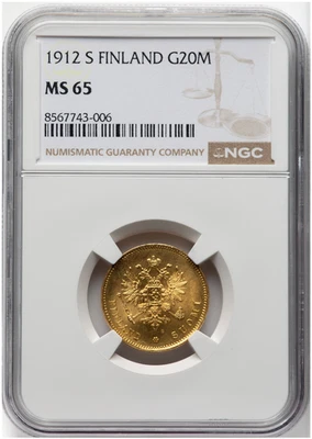 High Grade! 1912 Finland (Suomi) S Gold 20 Markkaa Coin NGC MS65 UNC - Image 1 of 2