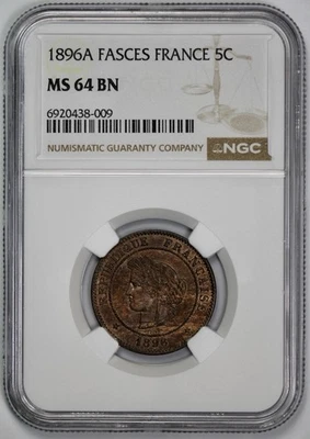 1896-A France Fasces 5 Centimes NGC MS 64 BN Brown - Image 1 of 4