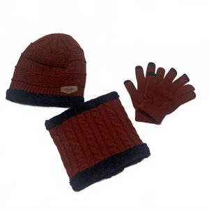All-match Winter Knit Hat Scarf Gloves Set Burgundy Navy Faux Fur Lining OSFA - Picture 1 of 14
