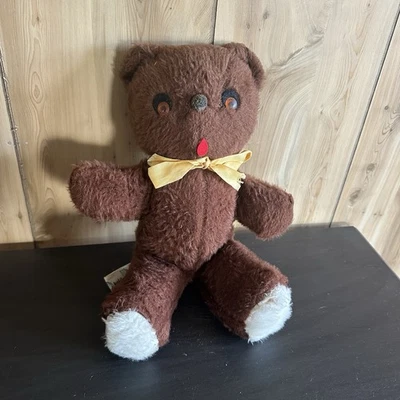 Vtg Teddy Animals Of Distinction 14" plush Bear Yellow Bow Knickerbocker 50s 60s - Image 1 of 4