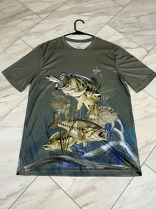 Guy Harvey 100% Polyester Fishing Shirt Size Medium Bass All Over Print Fish AOP - Picture 1 of 5