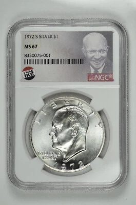 1972 S $1 Silver Eisenhower Dollar NGC MS 67 White Coin Freshly Graded No Spots - Image 1 of 3