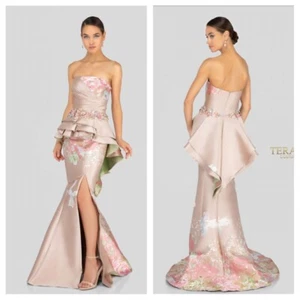 NWT terani 1911E9100 champagne-gold strapless gown with 3D appliqué msrp$790 - Picture 1 of 3