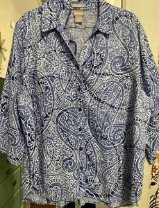 Chico's No-Iron 100% Linen Paisley Shades Of Blue Button Up Shirt Size 3XL Beach - Bild 1 von 11