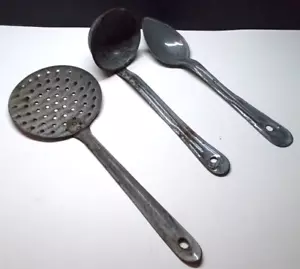 Vintage Enamelware Splatter Grey Strainer Ladle Serving Spoon - Picture 1 of 8