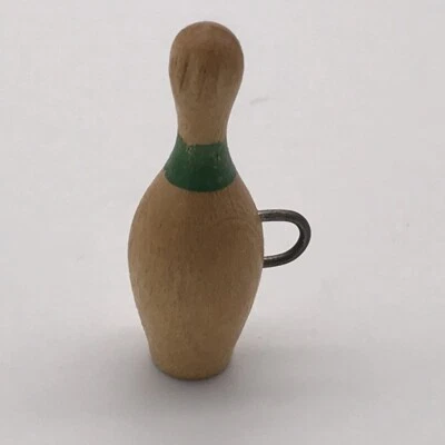 Vintage Maple Wood Bowling Ball Pin Button 1-1/4" Tall Green Stripe Hardwood - Image 1 of 4