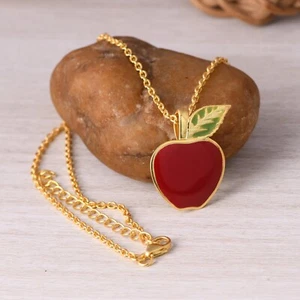 Apple Pendent Necklace In Gold Plated 18 In Chain Red Enamel Kids Fruit Jewelry - Picture 1 of 9