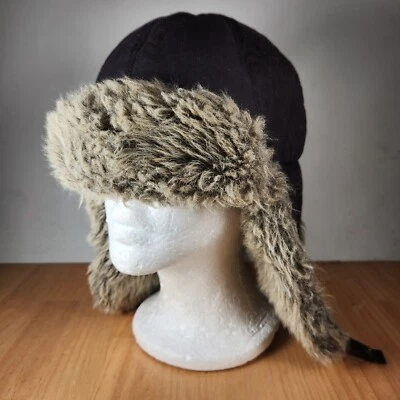 EDDIE BAUER Men's Hat Small Black Down Filled Trapper Faux Fur Ear Flaps Winter - Image 1 of 4
